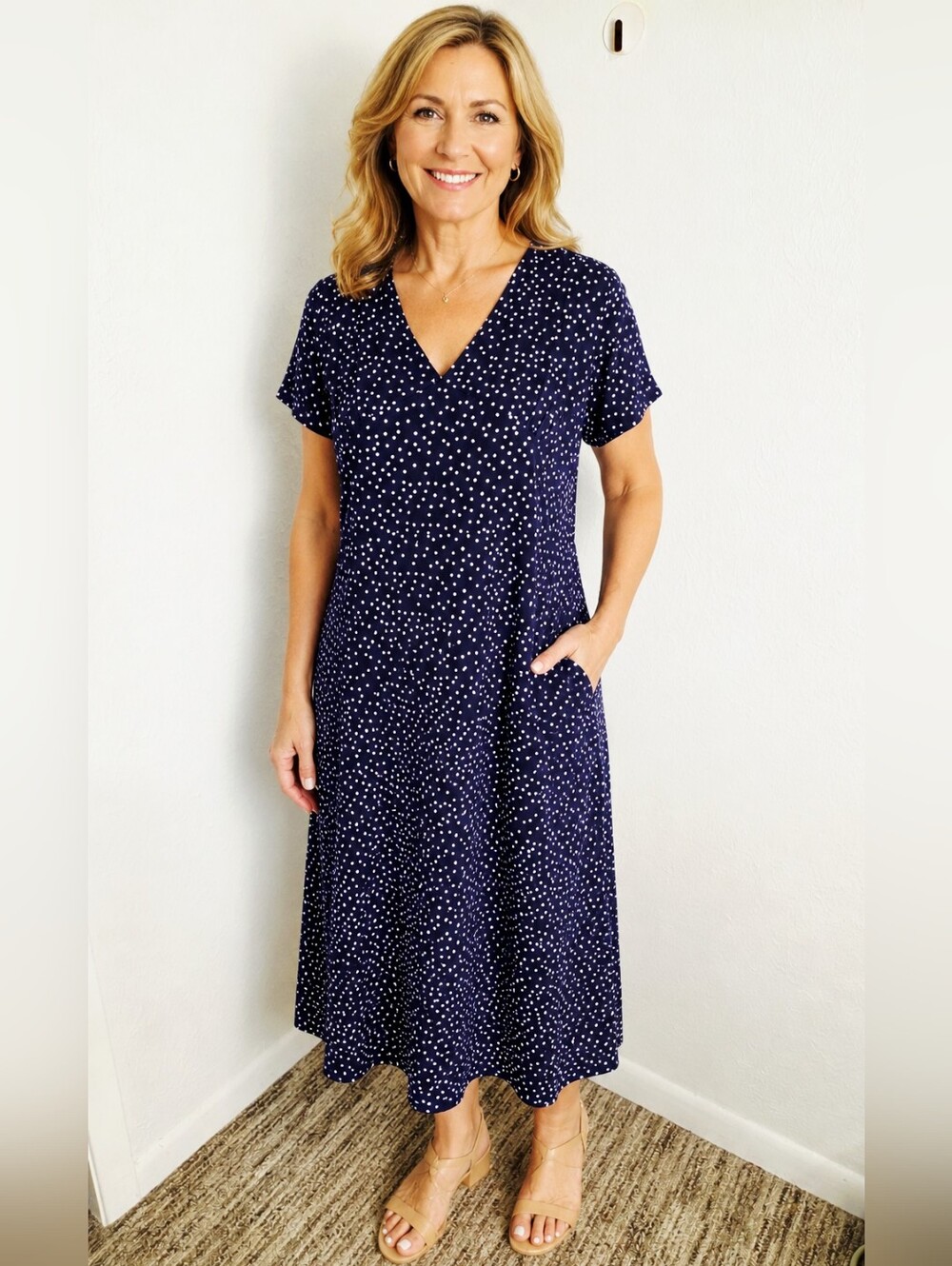Navy Blue & White Polka Dot V‑Neck Midi Dress with Short Sleeves, Size Large
